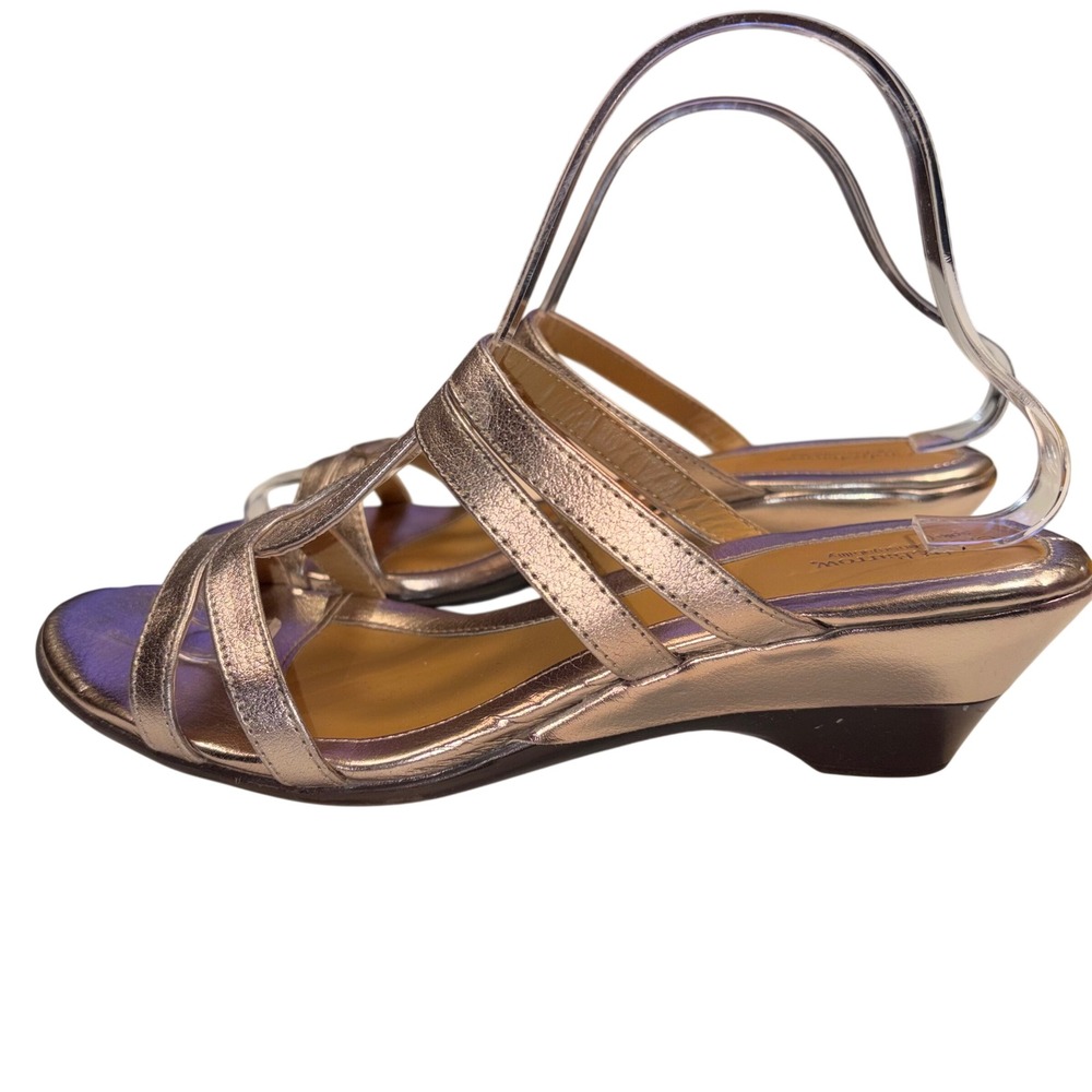 Croft & Barrow Wedge Sandals 9 Gold Metallic Strappy Low‎ Heel Slip On Dressy